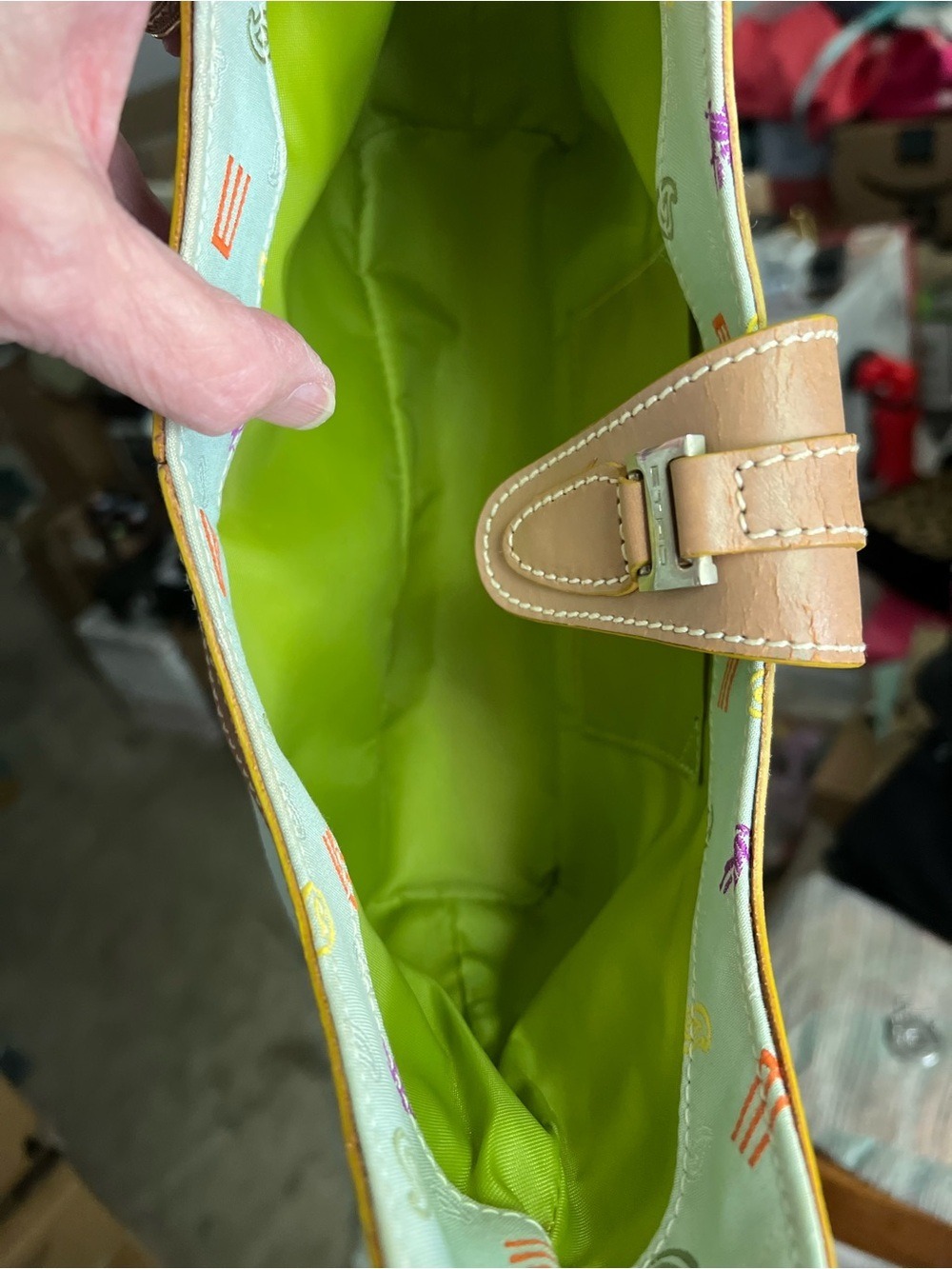ETRO Light Green Canvas Shoulder Bag with Tan Leather Trim SERIAL NUMBER PHOTO - Picture 11 of 13